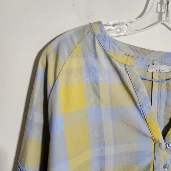 PrAna Elena popover yellow & blue plaid vneck button front shirt woman's size XL - Picture 9 of 12